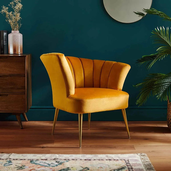 Opening-shell-designer-orange-velvet-lounge-chair