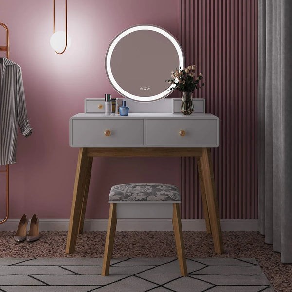 Round Mirror White Dressing Table