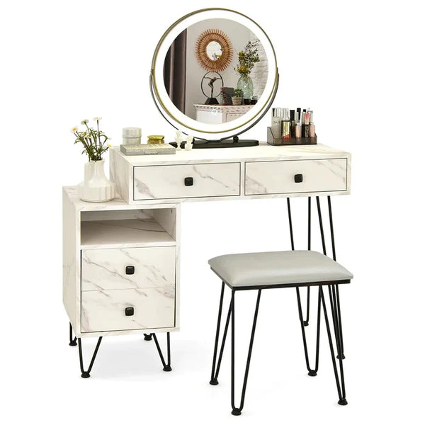 Round Mirror White Dressing Table